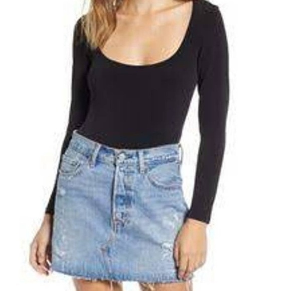 Leith double scoop neck black bodysuit long sleeve Sz S NWT - Picture 1 of 8